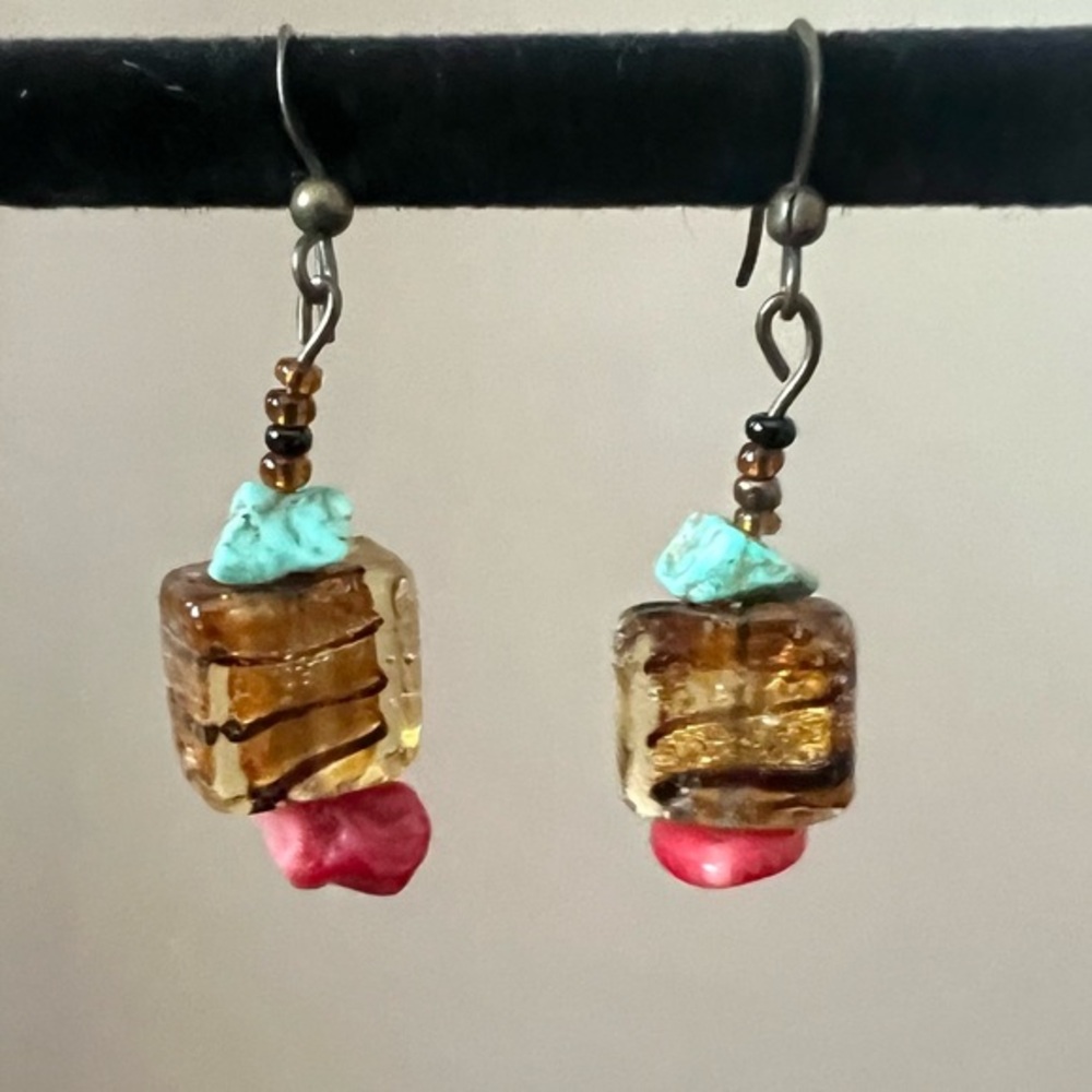Beaded Dangle Earrings in Amber/Turquoise/Pink Silvertone